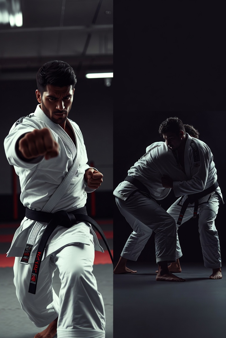 Martial artist practicing striking and grappling