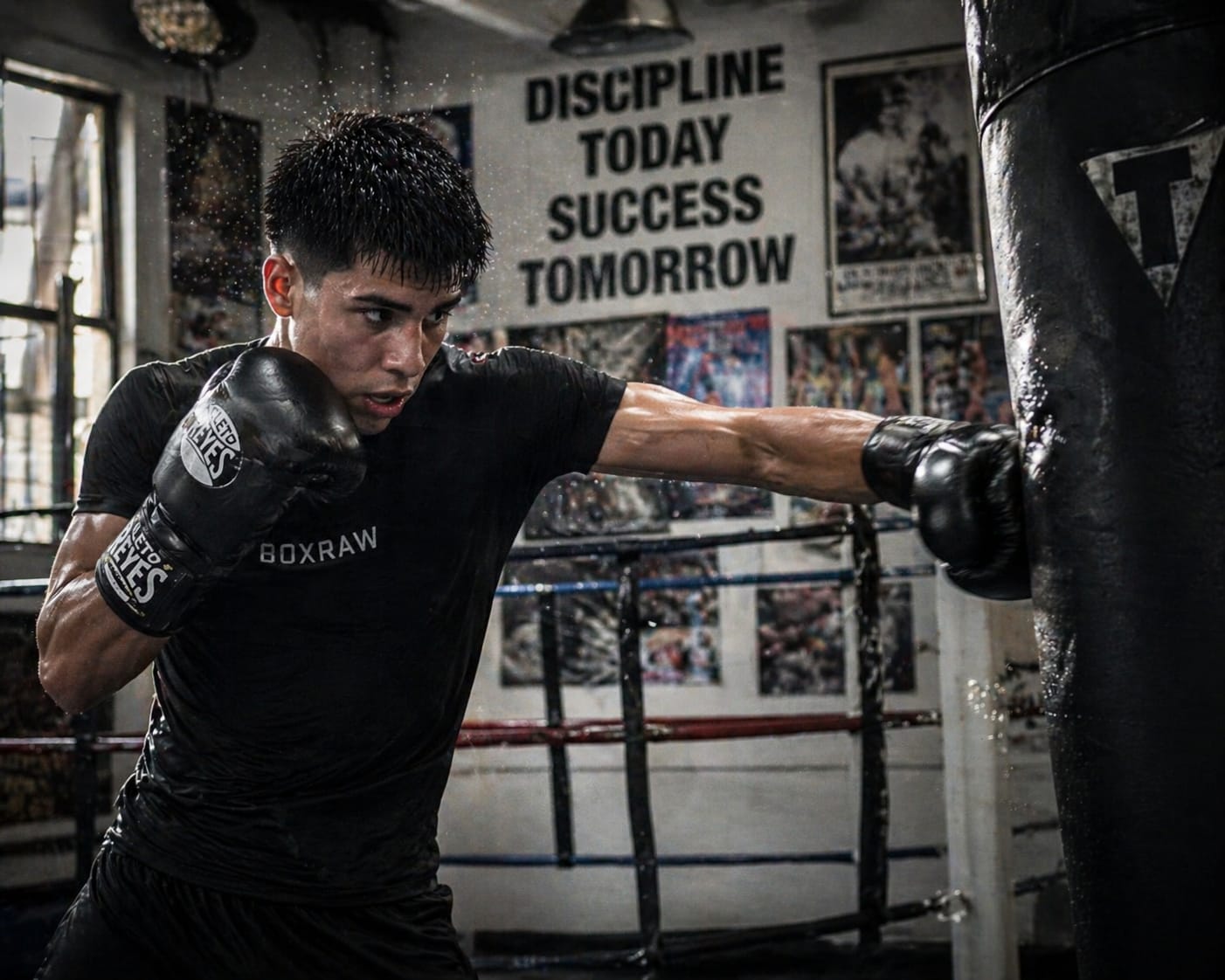 Boxer throwing a punch on a heavy bag